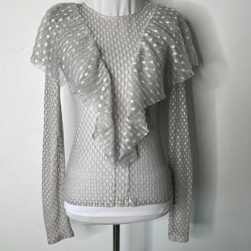 Maje Light Gray Polka Dot Ruffle Mesh Blouse